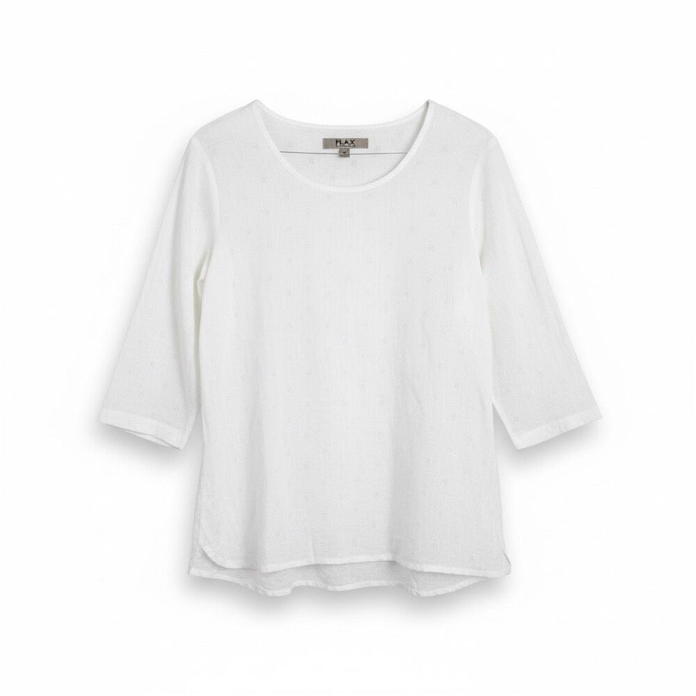 FLAX by Jeanne Engelhart 100% Linen Tunic White Pointelle Size Small 3/4 Sleeves